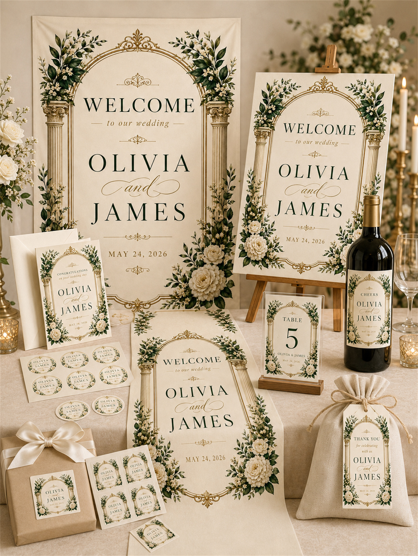 Luxurious ivory and gold wedding decorations - floral arch designs with white roses and classical column elements - custom names and dates